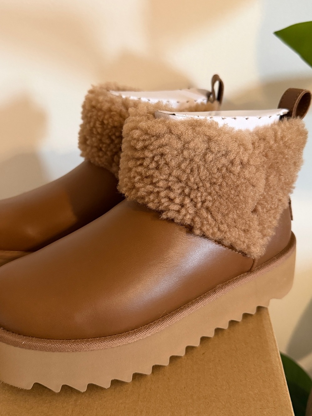 UGG Cozy Shearling-Trim Ankle Boots in Camel